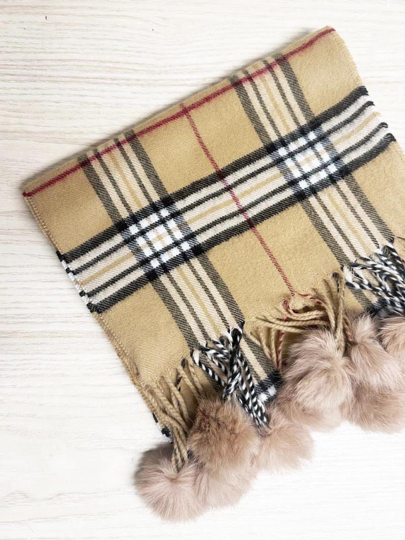 cashmink rabbit fur pom fringe tartan scarf | made in Germany - good market thrift store