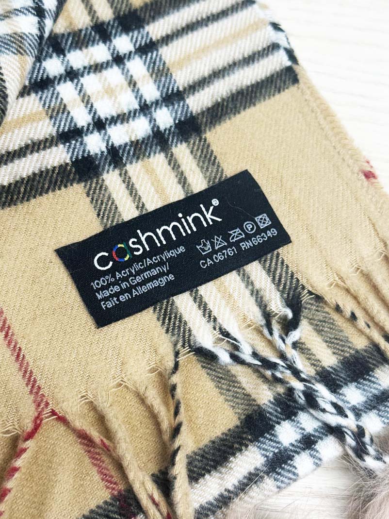 cashmink rabbit fur pom fringe tartan scarf | made in Germany - good market thrift store