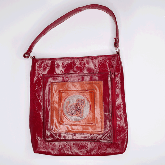 made in india leather embossed cat tote bag