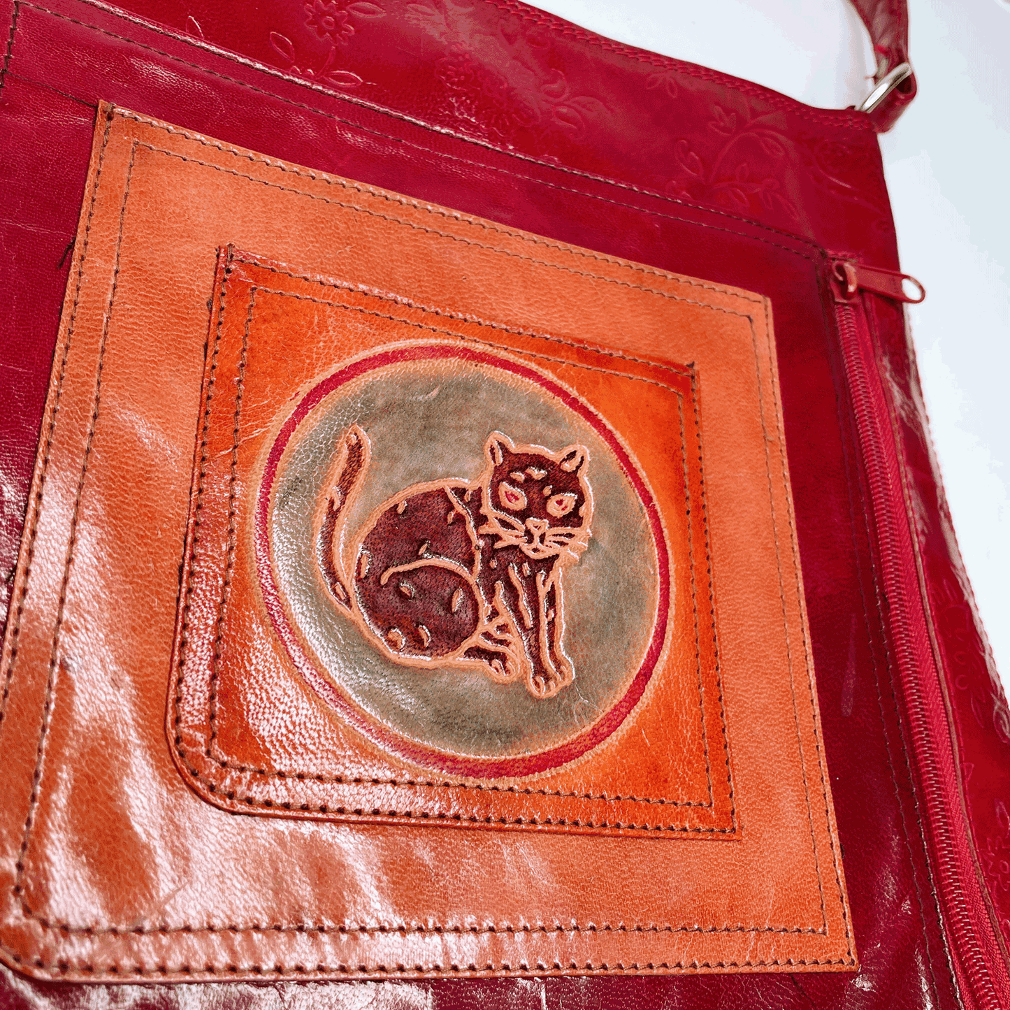 made in india leather embossed cat tote bag