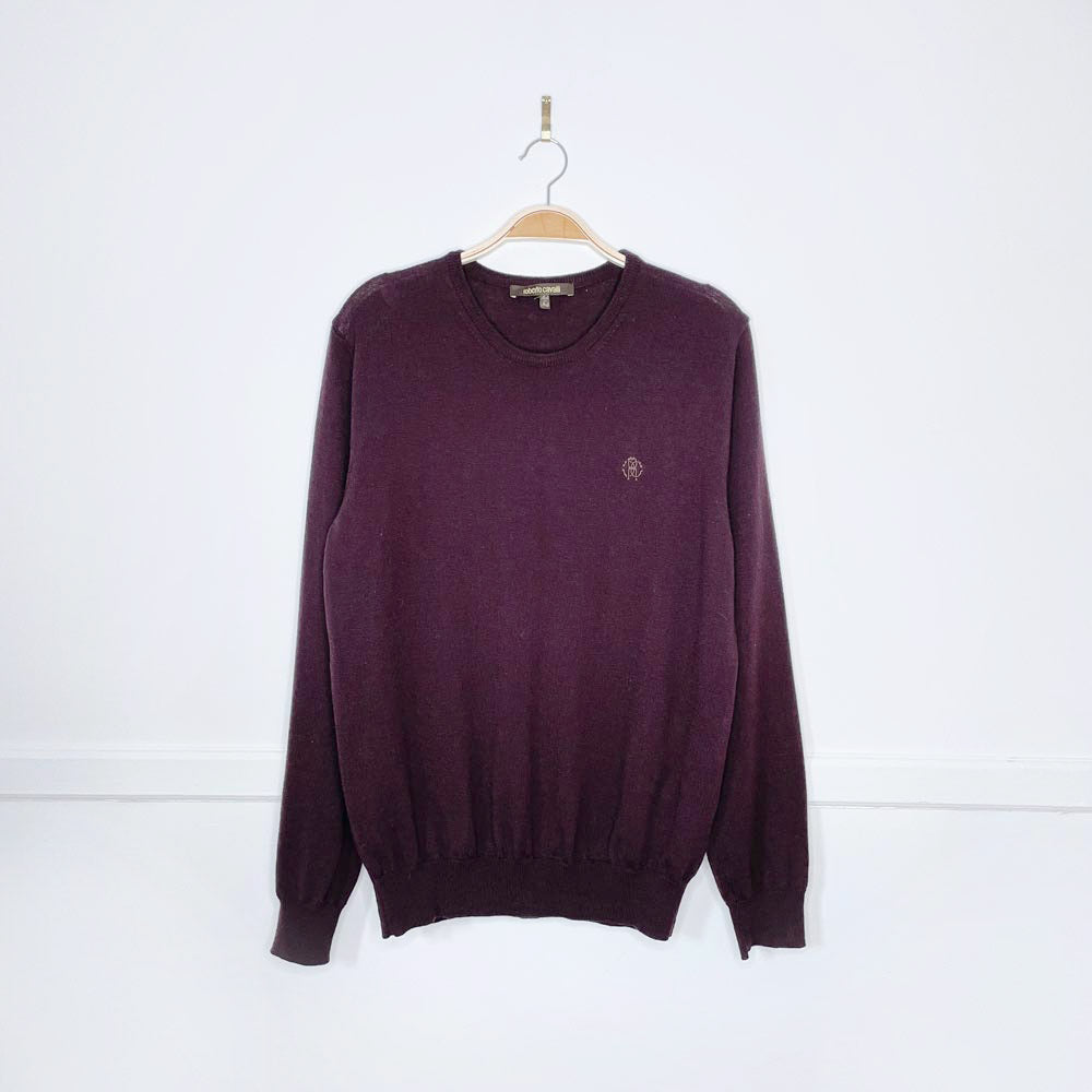 roberto cavalli monogram-embroidered wool knit crew