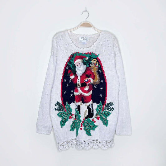vintage 90s casual corner santa claus holly knitted sweater - size medium