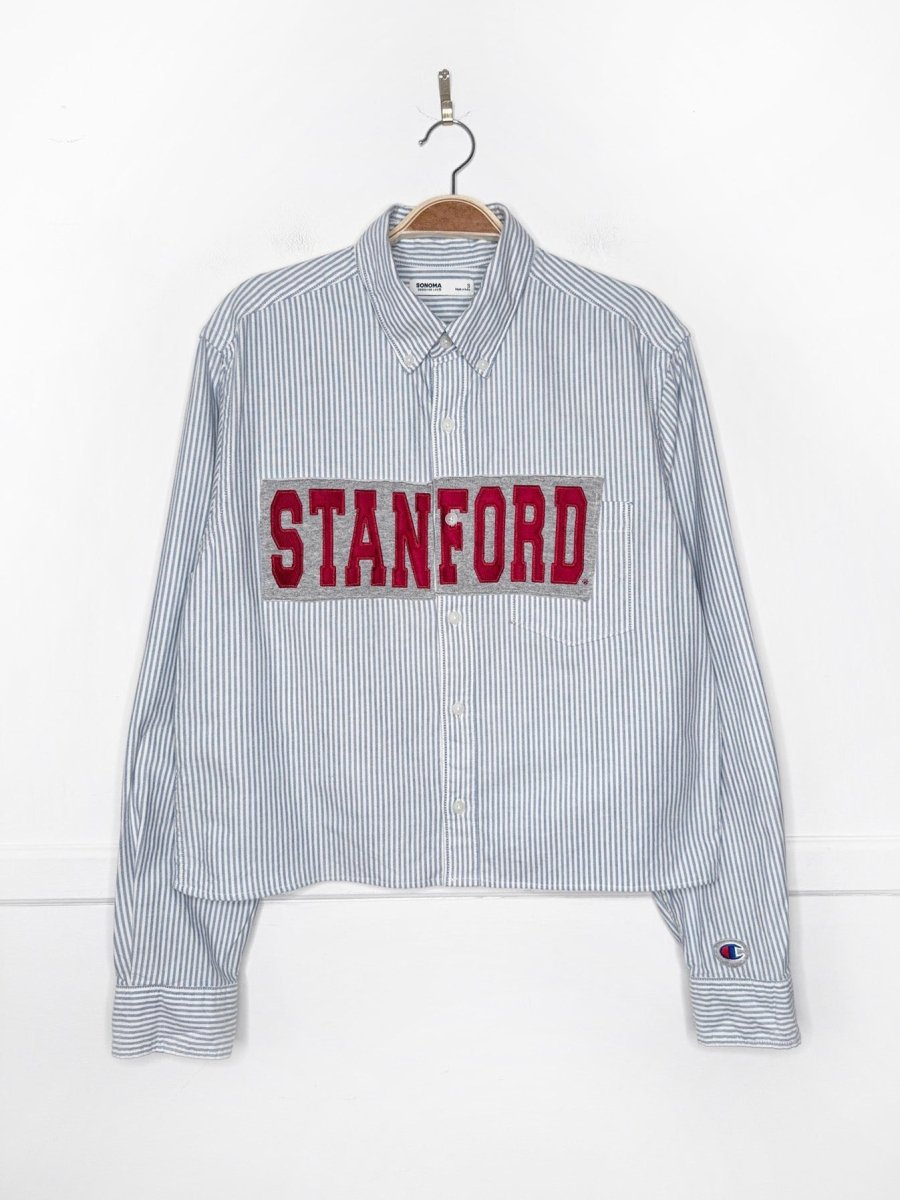 champion x stanford university blue stripe sporty prep cropped shirt | rework - good market thrift store