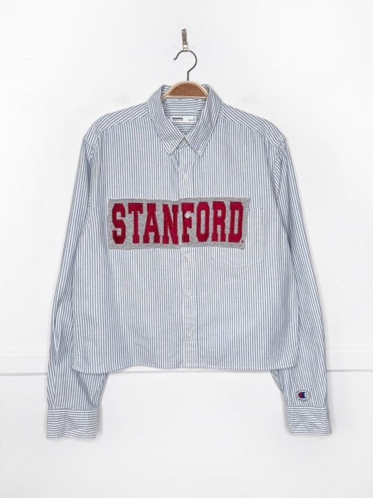 champion x stanford university blue stripe sporty prep cropped shirt | rework - good market thrift store