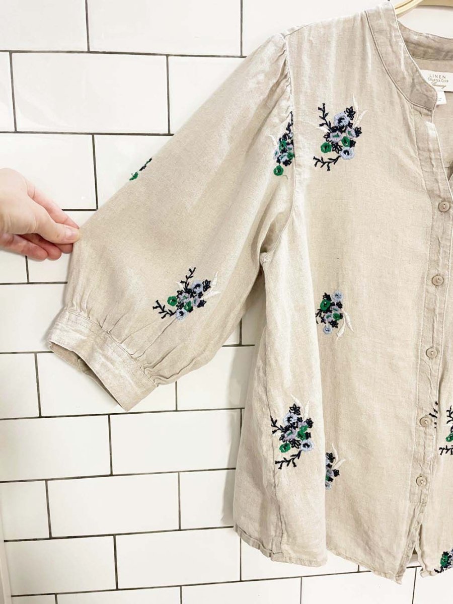 charter club 100% linen puff sleeve embroidered floral top - good market thrift store