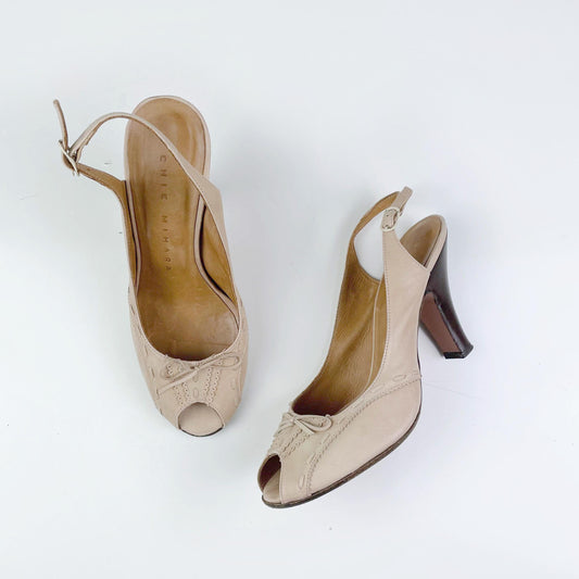 chie mihara cream leather peep toe slingback heels - size 38.5