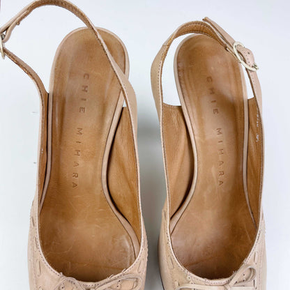 chie mihara cream leather peep toe slingback heels - size 38.5