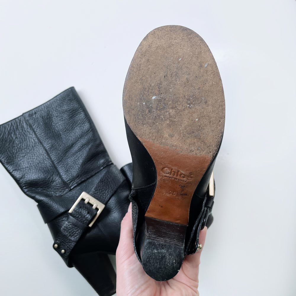 chloe prince mid-calf harness heeled leather boots