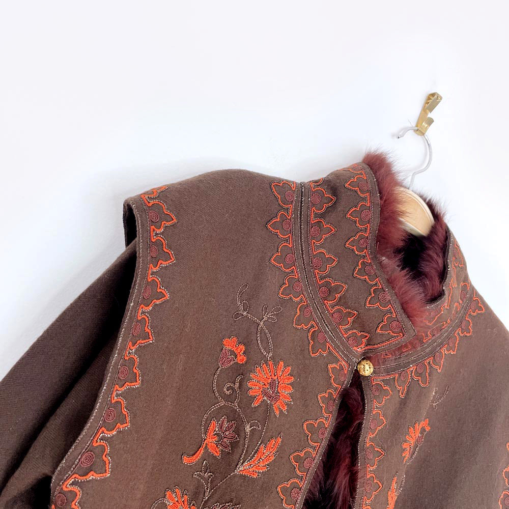 vintage 70s chloé boho wool + fox fur embroidered jacket