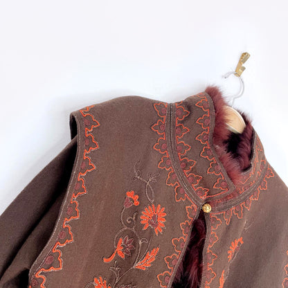 vintage 70s chloé boho wool + fox fur embroidered jacket