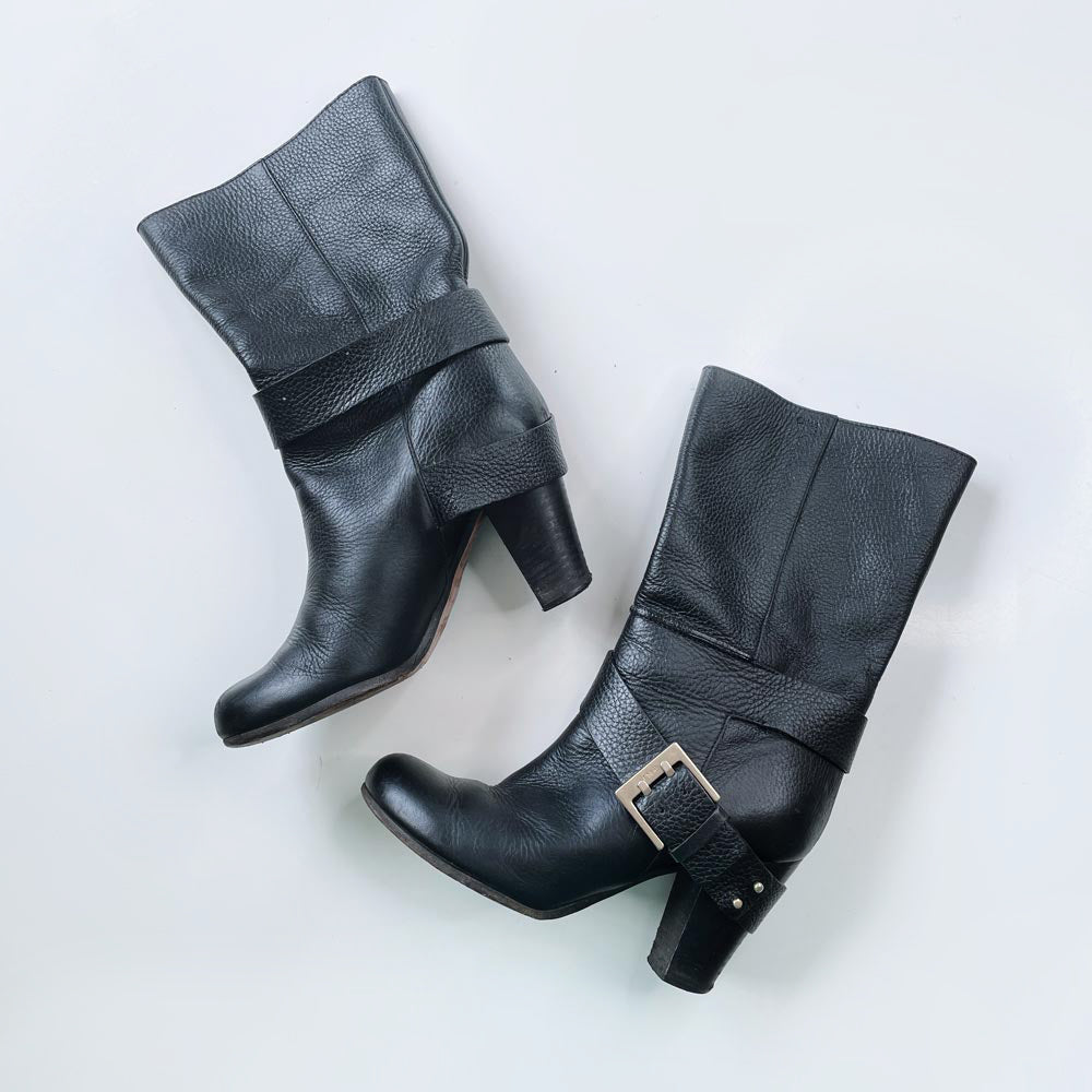 chloe prince mid-calf harness heeled leather boots