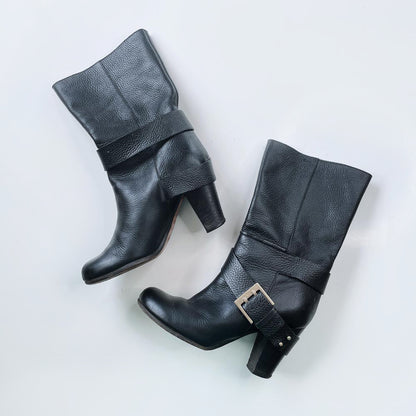 chloe prince mid-calf harness heeled leather boots