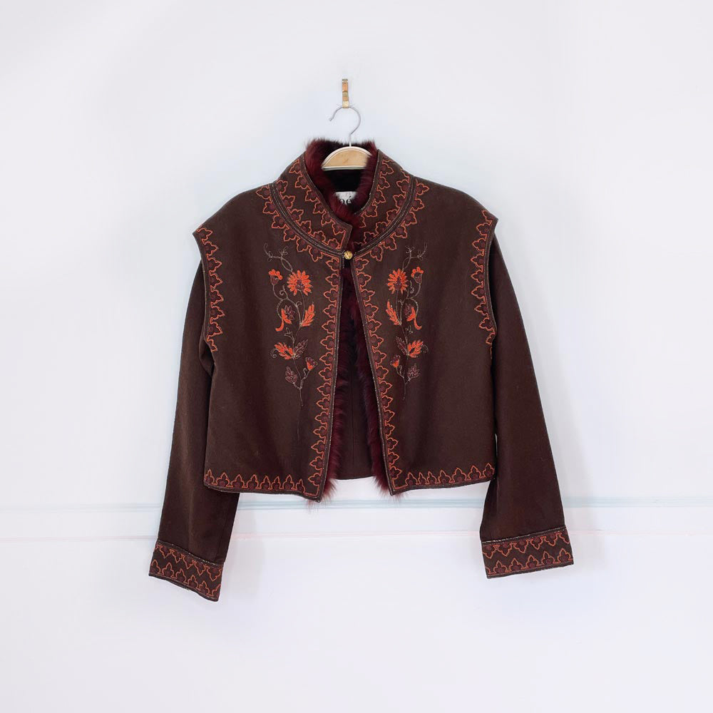 vintage 70s chloé boho wool + fox fur embroidered jacket