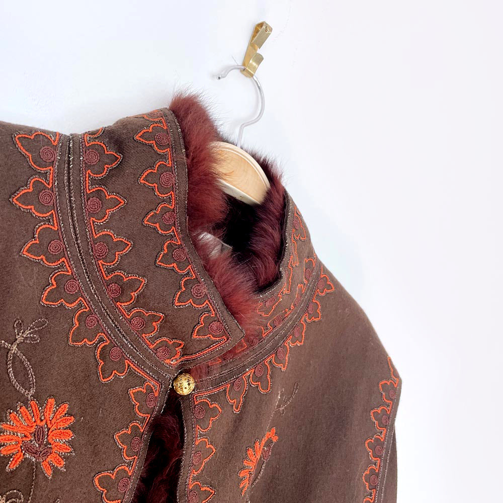 vintage 70s chloé boho wool + fox fur embroidered jacket