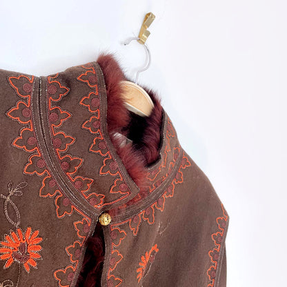 vintage 70s chloé boho wool + fox fur embroidered jacket