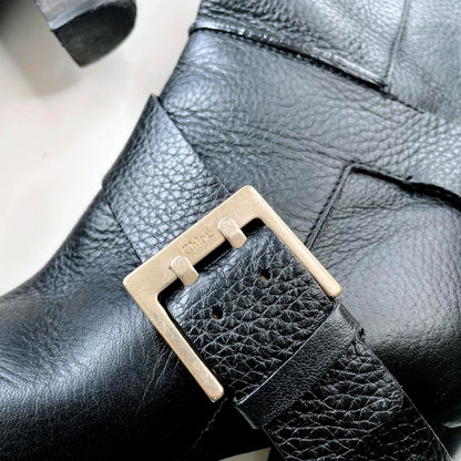 chloe prince mid-calf harness heeled leather boots