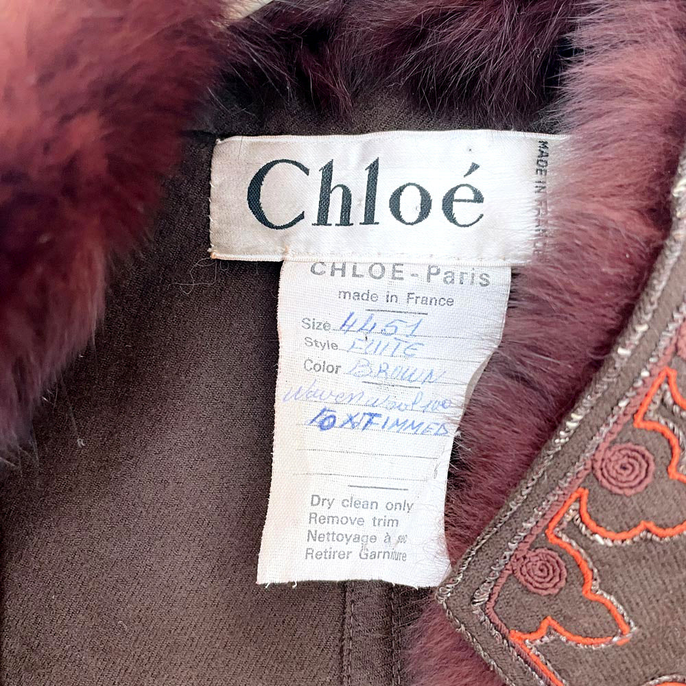 vintage 70s chloé boho wool + fox fur embroidered jacket