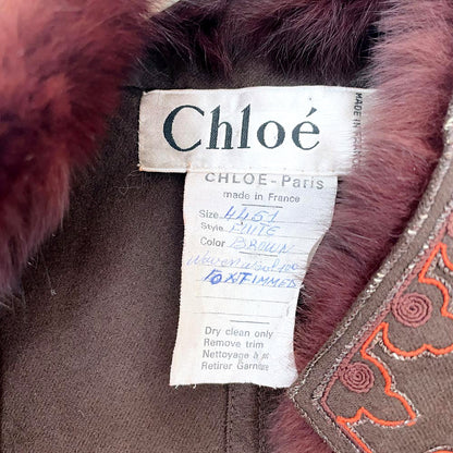 vintage 70s chloé boho wool + fox fur embroidered jacket