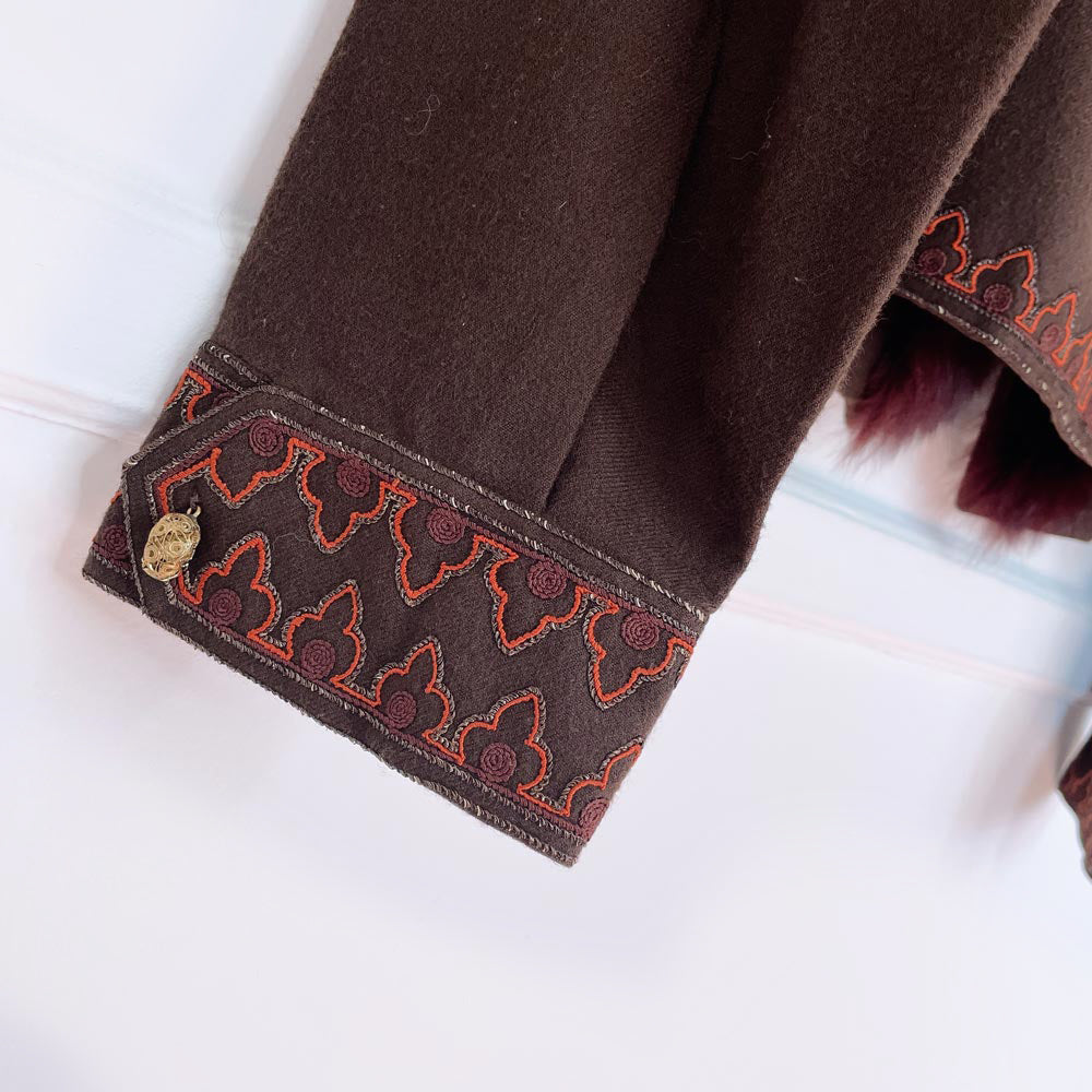 vintage 70s chloé boho wool + fox fur embroidered jacket