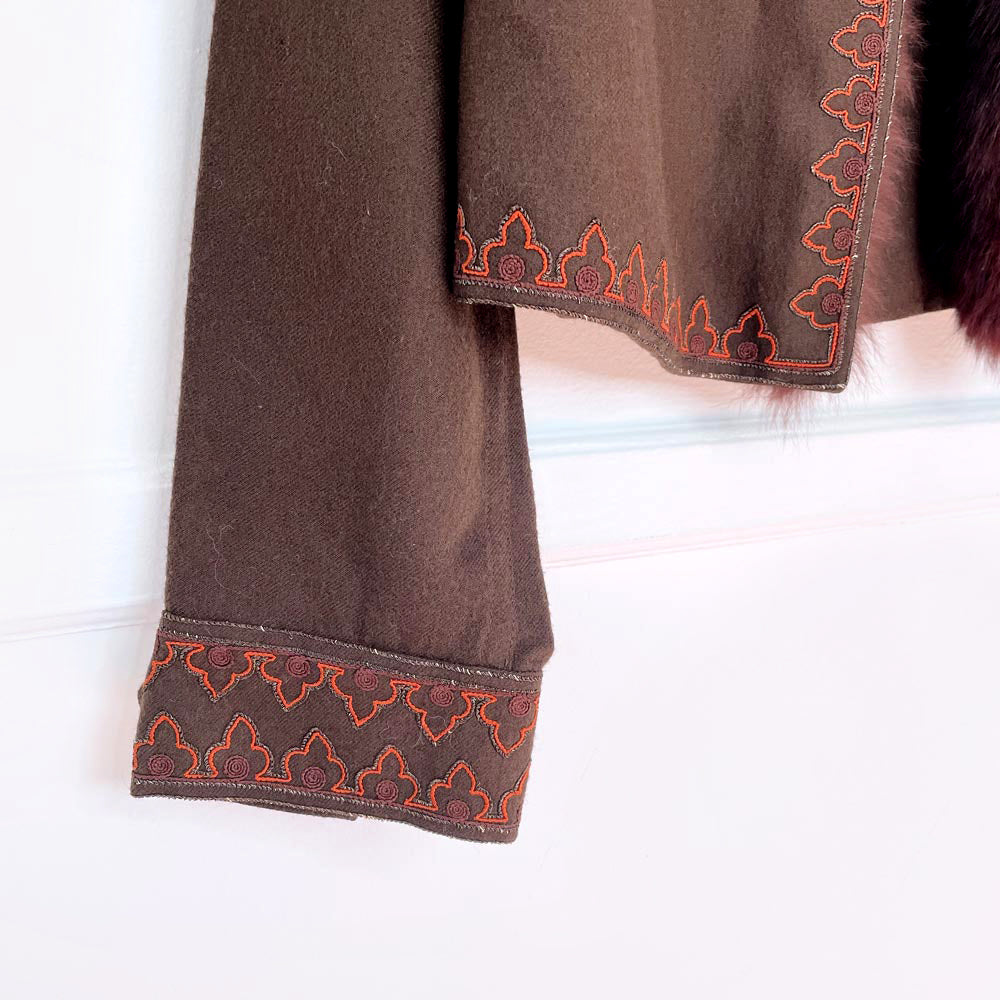vintage 70s chloé boho wool + fox fur embroidered jacket