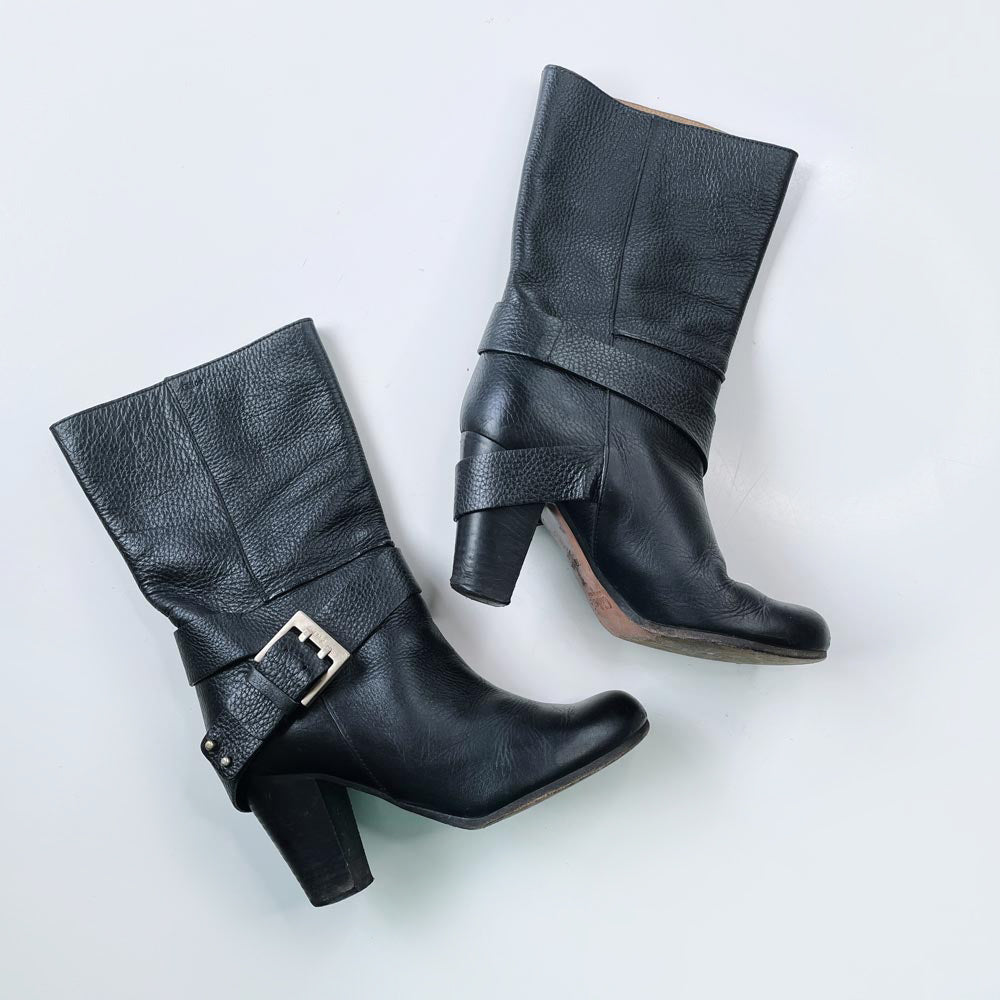 chloe prince mid-calf harness heeled leather boots
