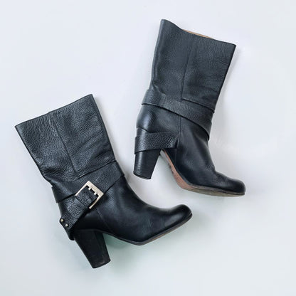 chloe prince mid-calf harness heeled leather boots