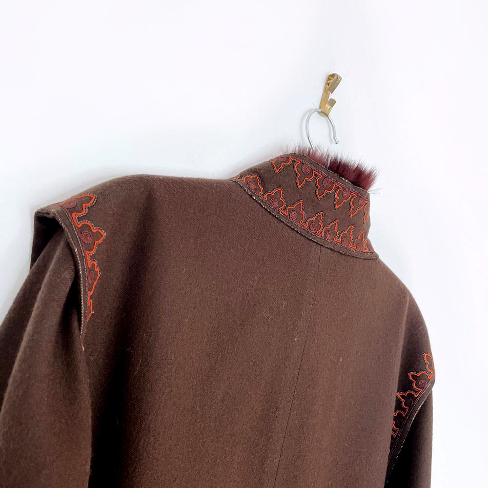 vintage 70s chloé boho wool + fox fur embroidered jacket