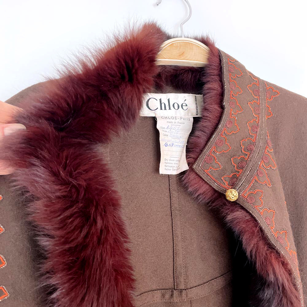 vintage 70s chloé boho wool + fox fur embroidered jacket