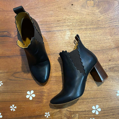 chloe scalloped black leather ankle boot - size 37.5
