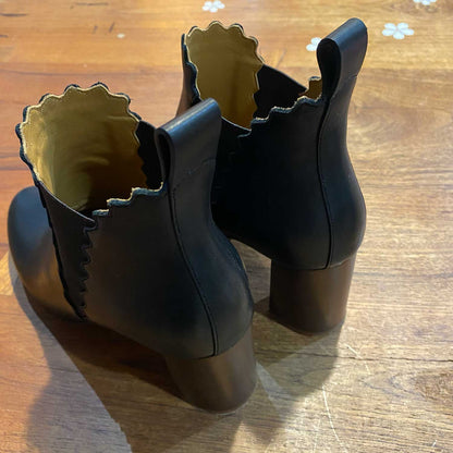 chloe scalloped black leather ankle boot - size 37.5