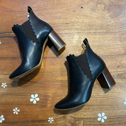chloe scalloped black leather ankle boot - size 37.5