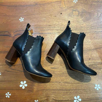 chloe scalloped black leather ankle boot - size 37.5