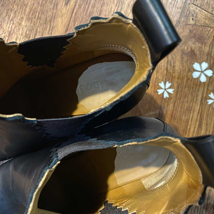 chloe scalloped black leather ankle boot - size 37.5