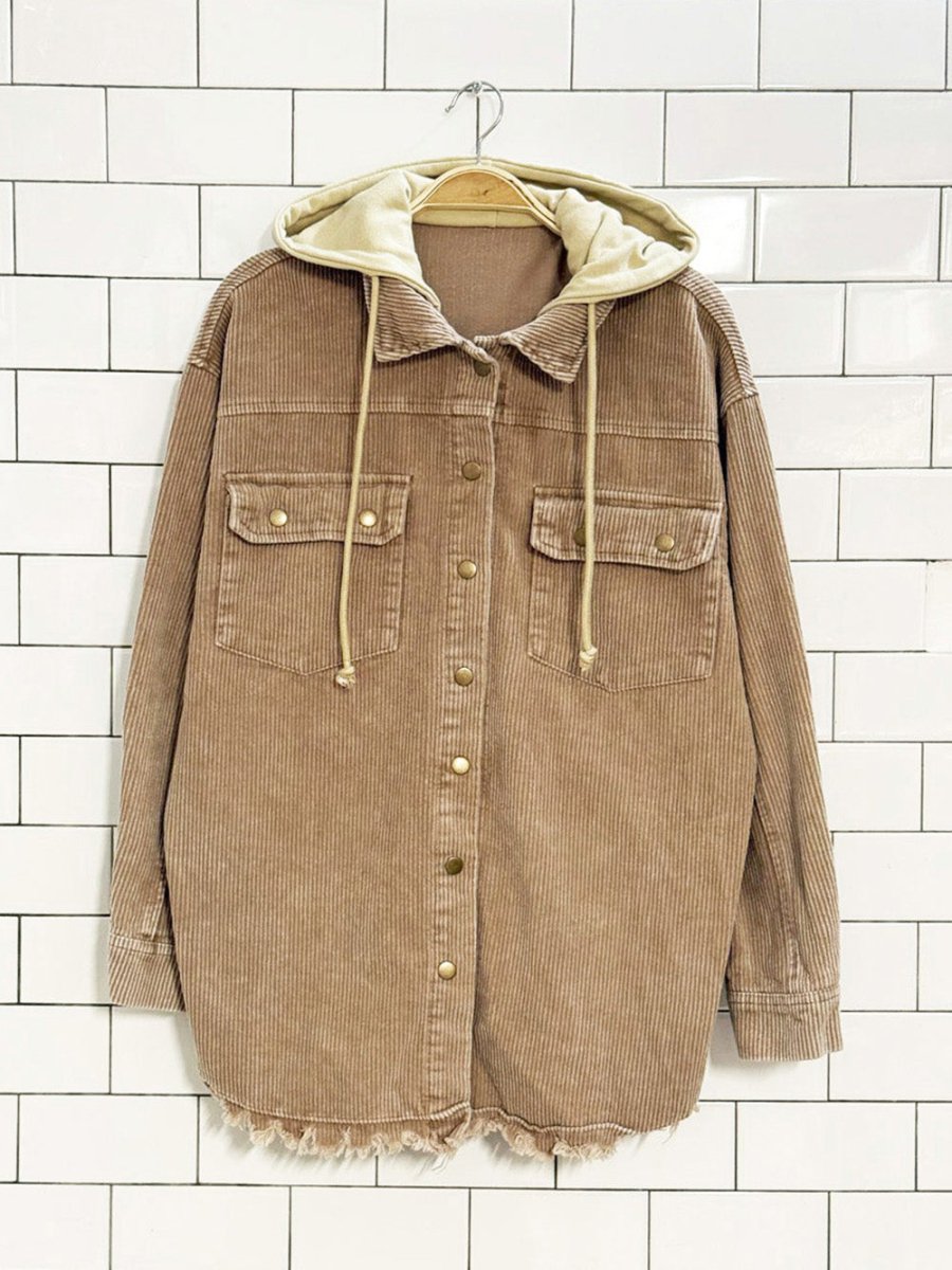 chunky cord raw hem hooded shirt jacket - good market thrift store