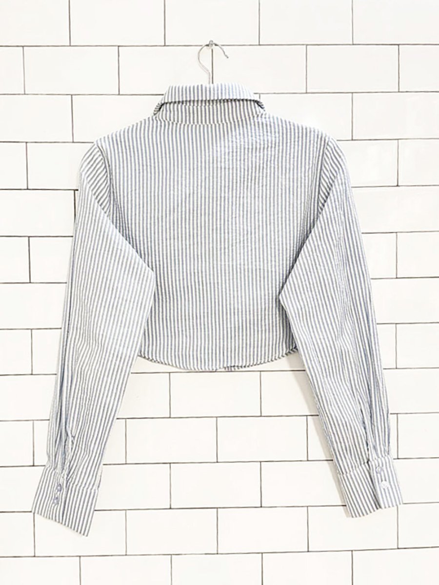 cider seersucker blue strip cropped full button shirt - good market thrift store