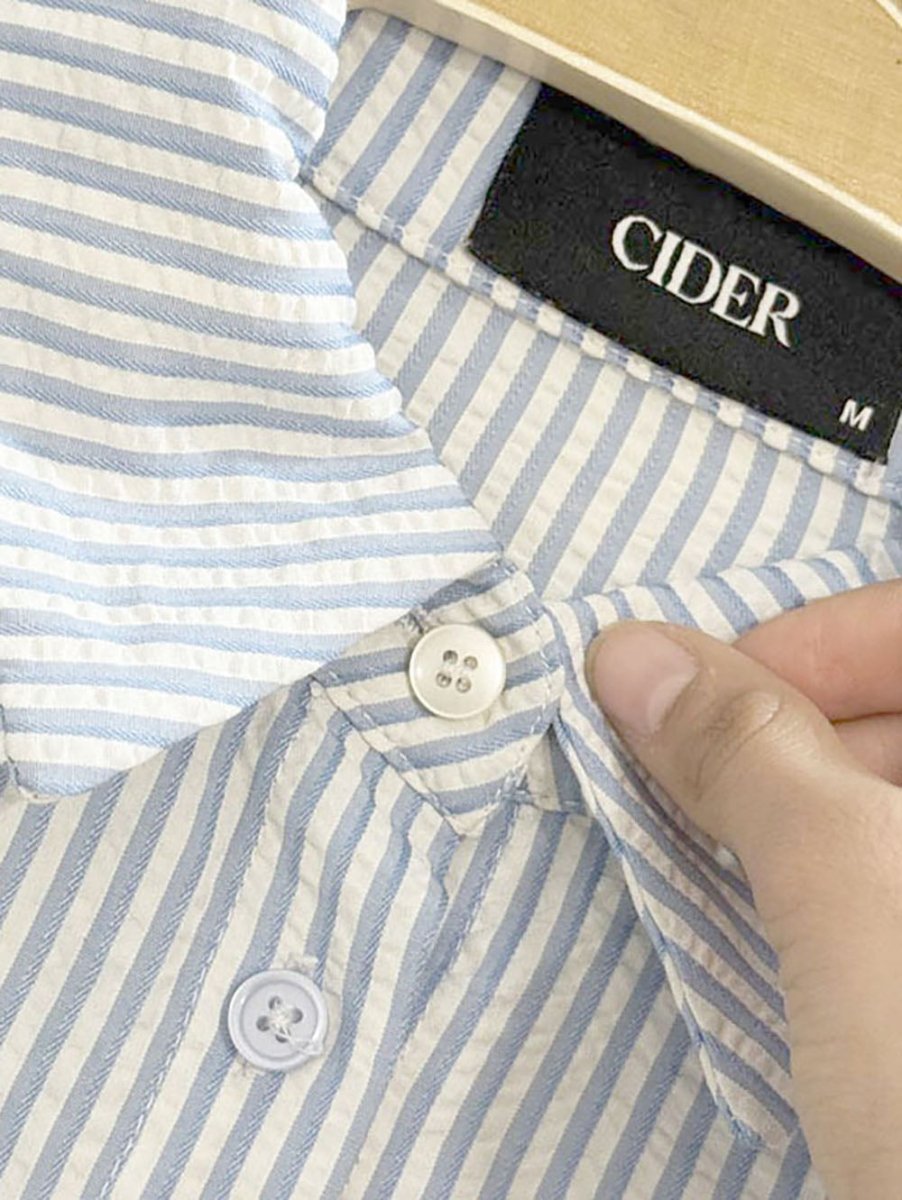 cider seersucker blue strip cropped full button shirt - good market thrift store