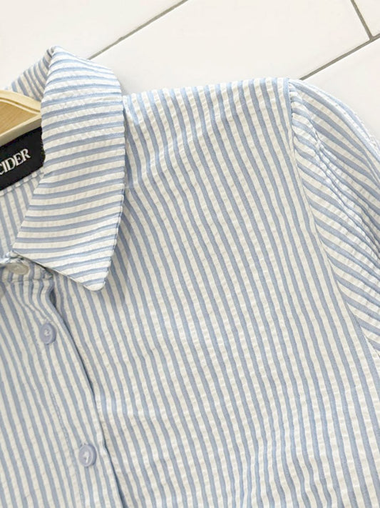 cider seersucker blue strip cropped full button shirt - good market thrift store