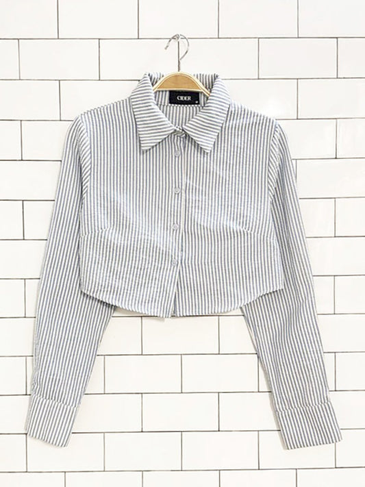 cider seersucker blue strip cropped full button shirt - good market thrift store