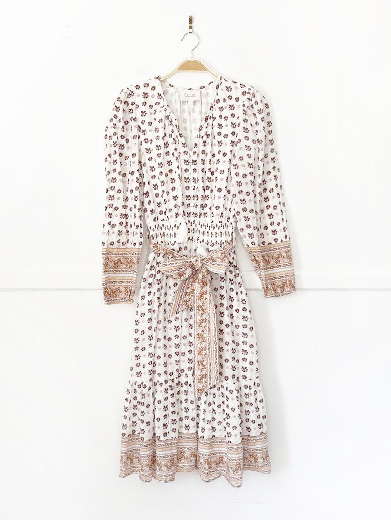 cleobella blakely boho half button tiered belted midi dress - good market thrift store