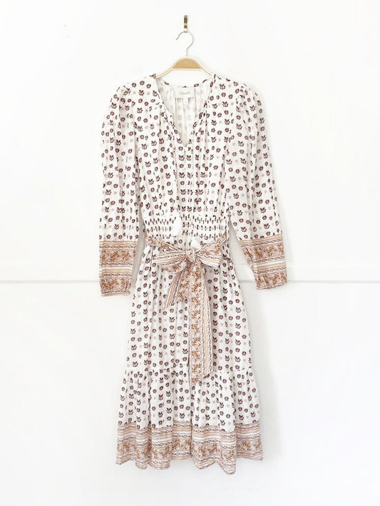 cleobella blakely boho half button tiered belted midi dress - good market thrift store