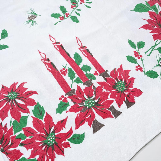 vintage candles and holly holiday table cloth