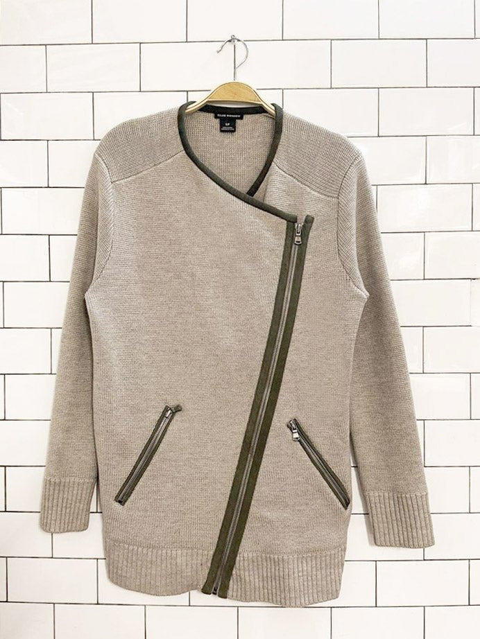 club monaco 100% wool suede detail full zip knit cardigan - good market thrift store