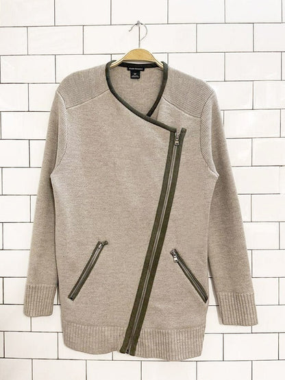 club monaco 100% wool suede detail full zip knit cardigan - good market thrift store