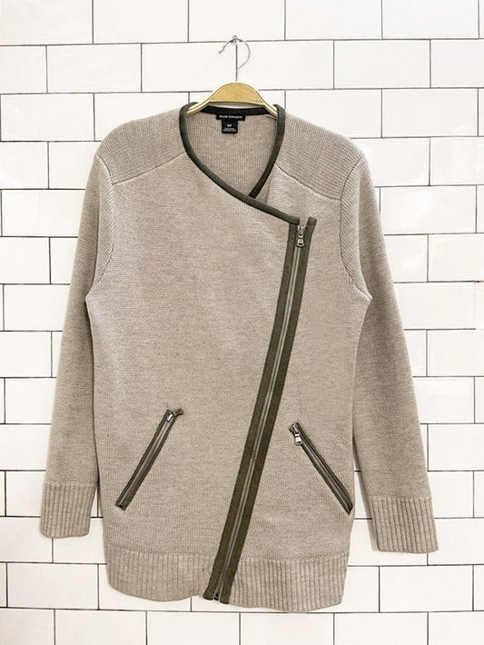 club monaco 100% wool suede detail full zip knit cardigan - good market thrift store