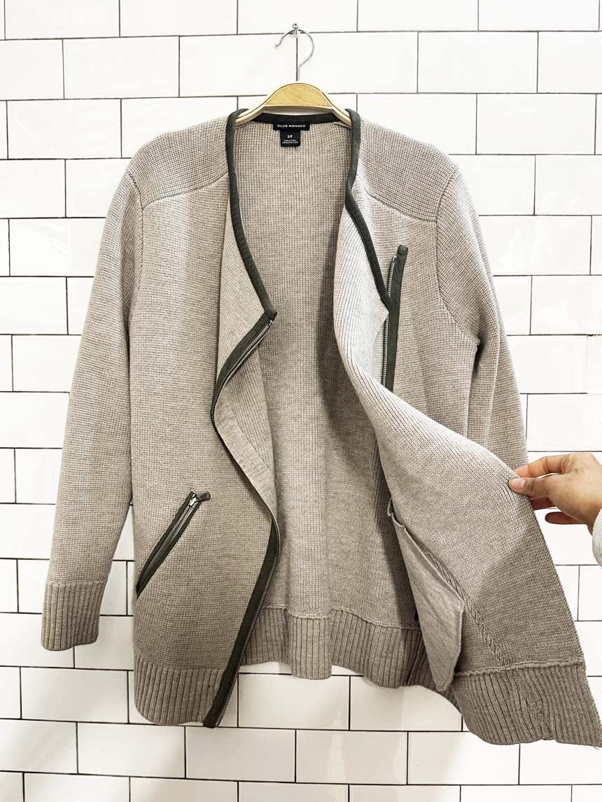 club monaco 100% wool suede detail full zip knit cardigan - good market thrift store