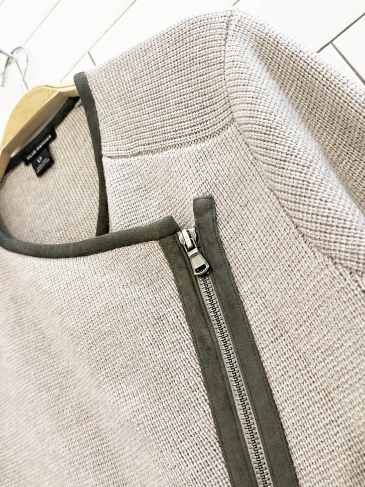 club monaco 100% wool suede detail full zip knit cardigan - good market thrift store