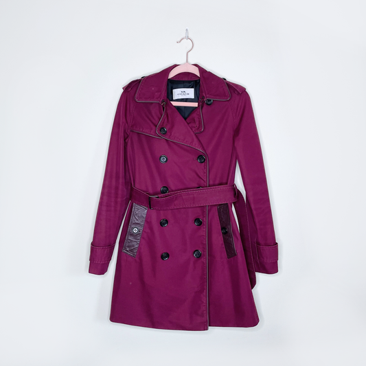 coach maroon mid-length cotton trench coat - size xs
