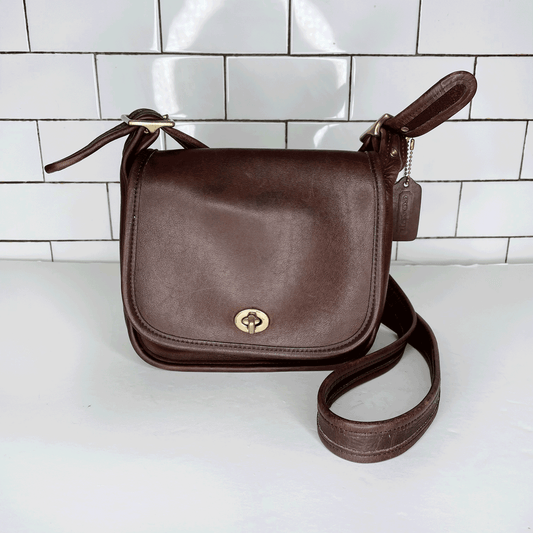 vintage 70s coach legacy trail brown small turn lock crossbody