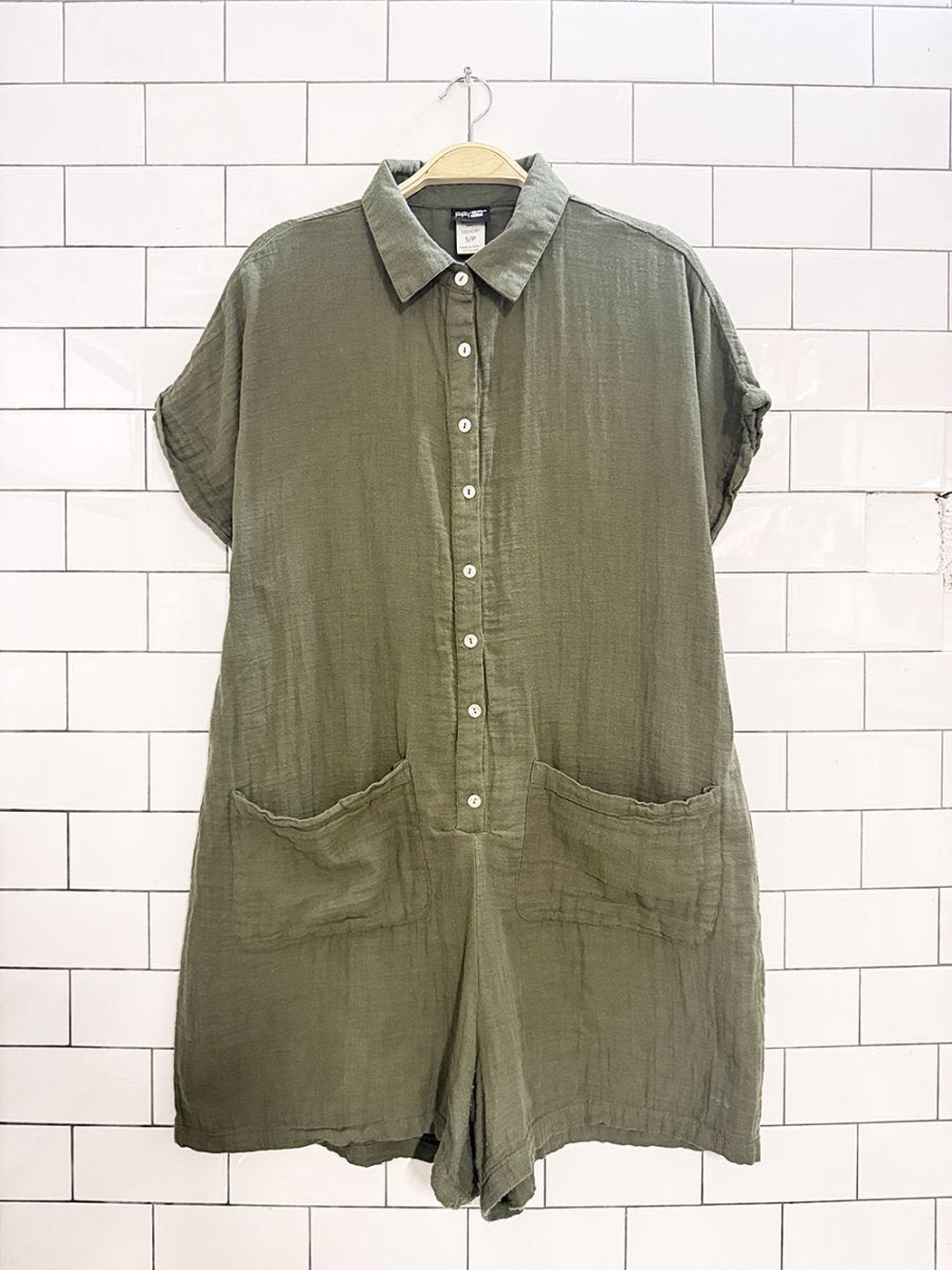 cover me gauze cotton loose fit 1/2 button romper - good market thrift store