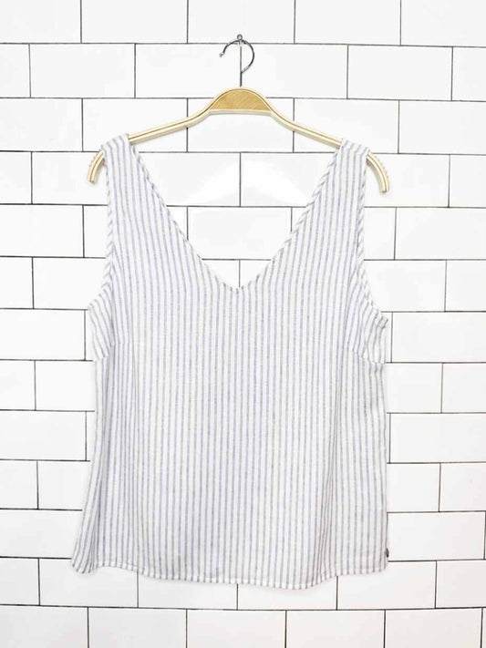 cream linen-blend v-neck blue stripe tank - good market thrift store